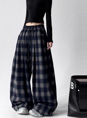 ader美式覆古格子休闲裤女冬季2025新款宽松垂感显瘦工装阔腿裤潮