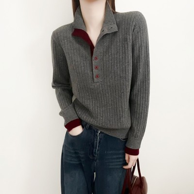 2025年冬季新款休闲翻领半开扣拼色羊毛针织衫宽松厚款竖坑条毛衣