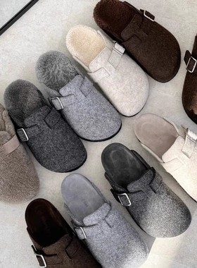 日本GP灰色厚底百搭包头勃肯鞋女秋冬新款毛毡绒面复古时尚半拖鞋