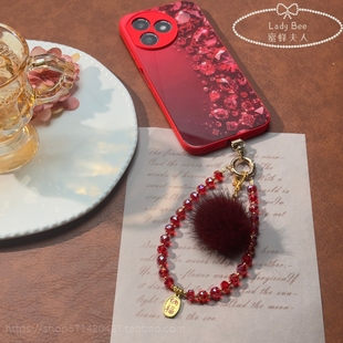 2026新年本命水晶珠毛球汽车钥匙挂件红色毛绒精致手机链 纳福