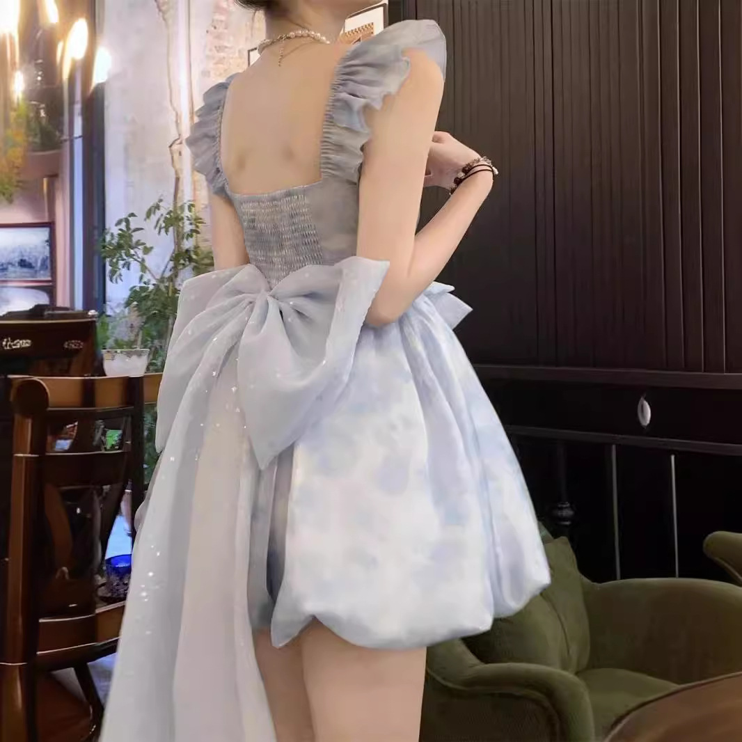 夏季小个子露背蝴蝶结生日公主蓬蓬裙法式蓝色吊带连衣裙仙女