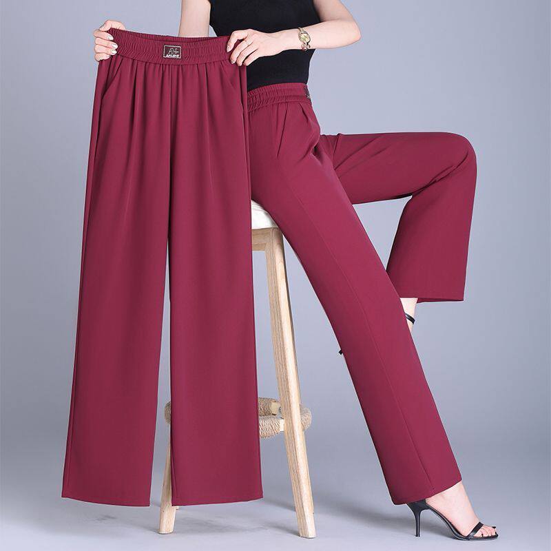 夏季薄款松紧直筒阔腿裤女高腰显高西装裤宽松妈妈显瘦冰丝九分裤