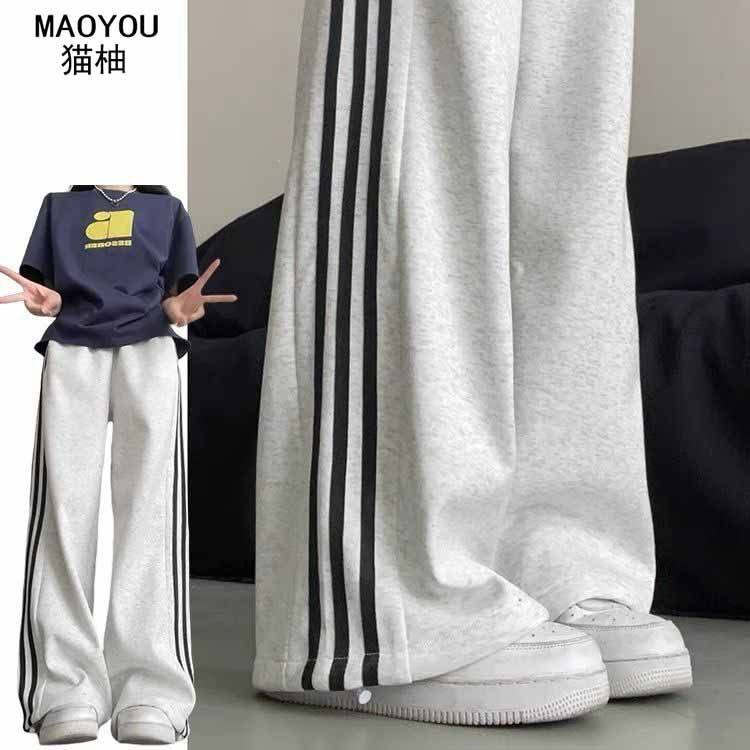 猫柚白灰色条纹运动裤女2025新款夏季卫裤宽松慵懒小个子阔腿裤子,女装/女士精品,卫裤,淘宝优惠券,粉丝福利购,淘宝优惠卷