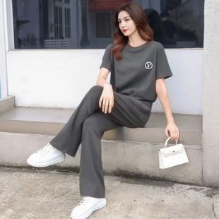 2025夏天新款潮洋气短款休闲运动大码宽松纯棉短袖跑步套装女晨跑