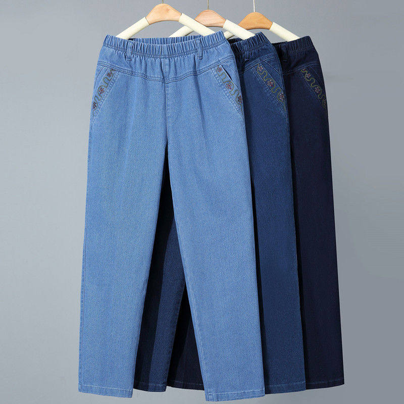 牛仔裤女春夏季新款中老年宽松大码高腰直筒裤松紧腰薄款妈妈裤女