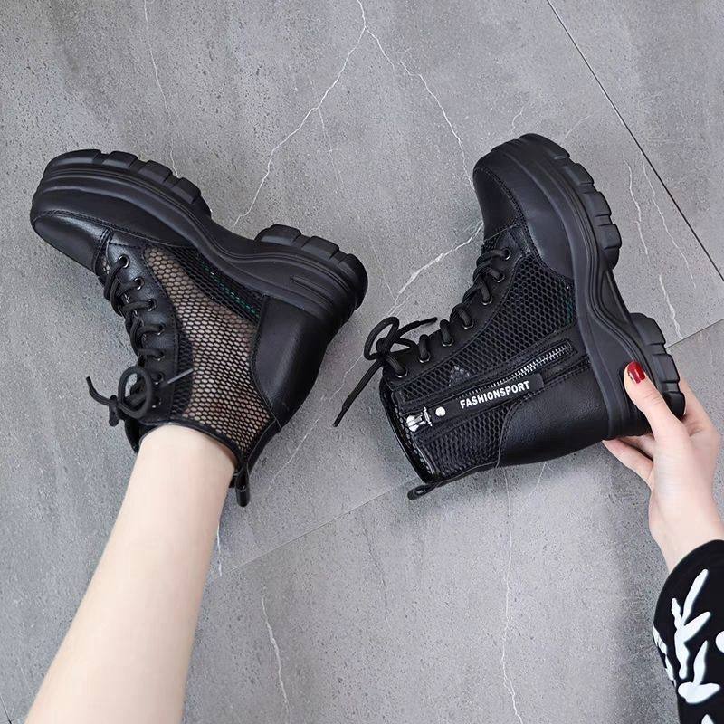 真皮增高透气2025网纱显脚小马丁靴女新款镂空薄款网靴小个子厚底