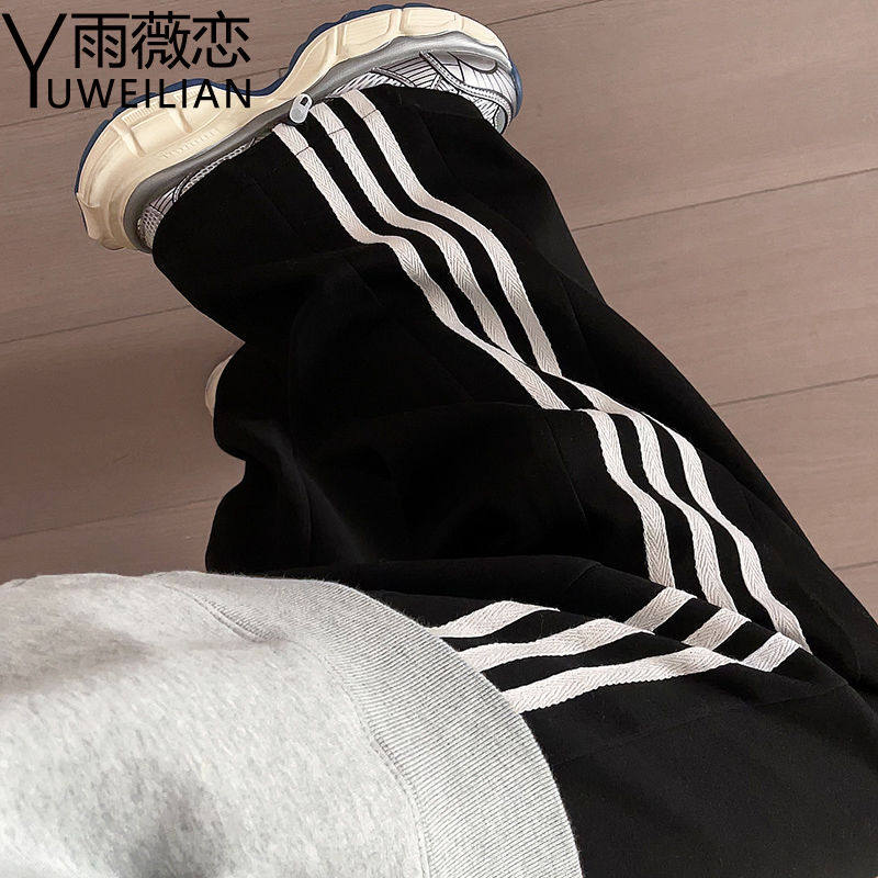 黑色条纹运动裤女春秋季新款显瘦直筒阔腿裤宽松三条杠休闲卫裤子,女装/女士精品,卫裤,淘宝优惠券,粉丝福利购,淘宝优惠卷
