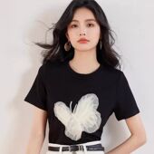 复古设计感小众独特别致修身 R3286立体网纱蝴蝶短袖 t恤女夏季 上衣