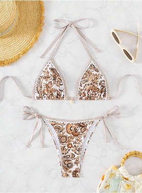 亚马逊新款比基尼分体泳衣 欧美印花性感手工贝壳绑带泳装bikin