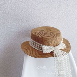 森系小清新儿童蕾丝蝴蝶结草帽夏季可爱女童宝宝平顶大凉帽遮阳帽