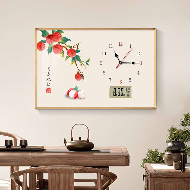 新中式水果电表箱装饰画带钟表万年历餐厅挂画配电箱遮挡电闸壁图片