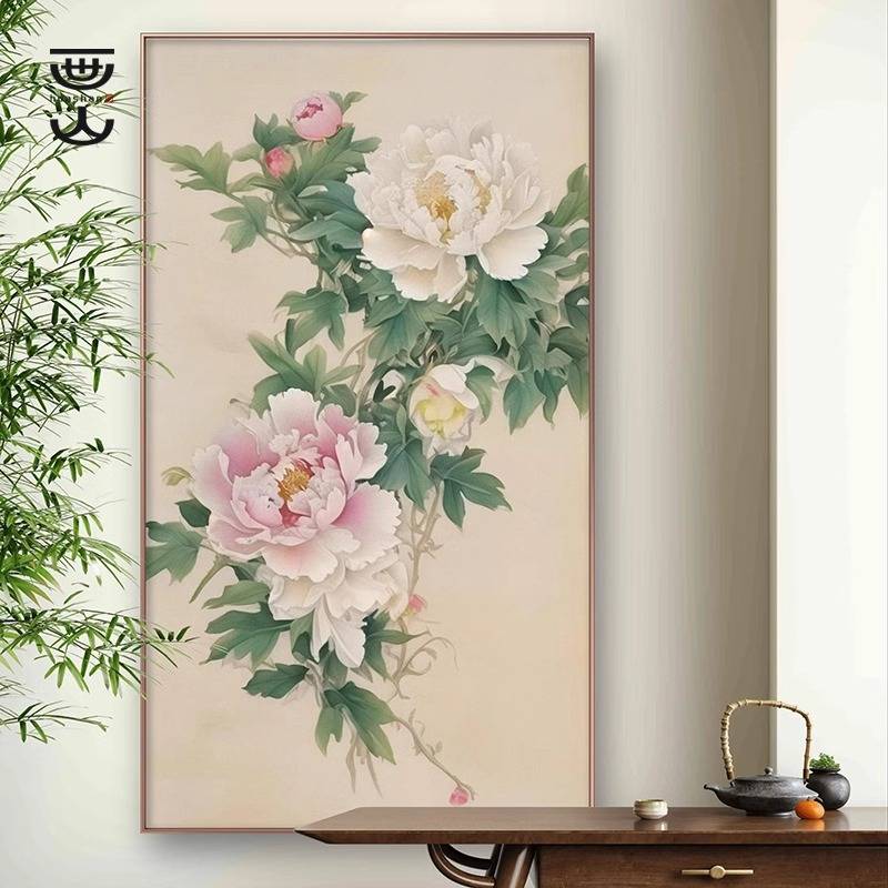 新中式牡丹水墨花卉小众艺术客厅装饰画古风餐厅卧室书房玄关挂画图片