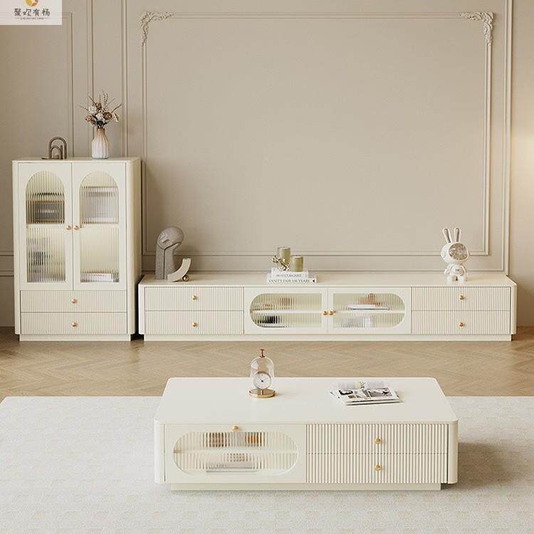 法式奶落客地白色茶几电视柜TNR组合油风厅现代简约小型实木户地