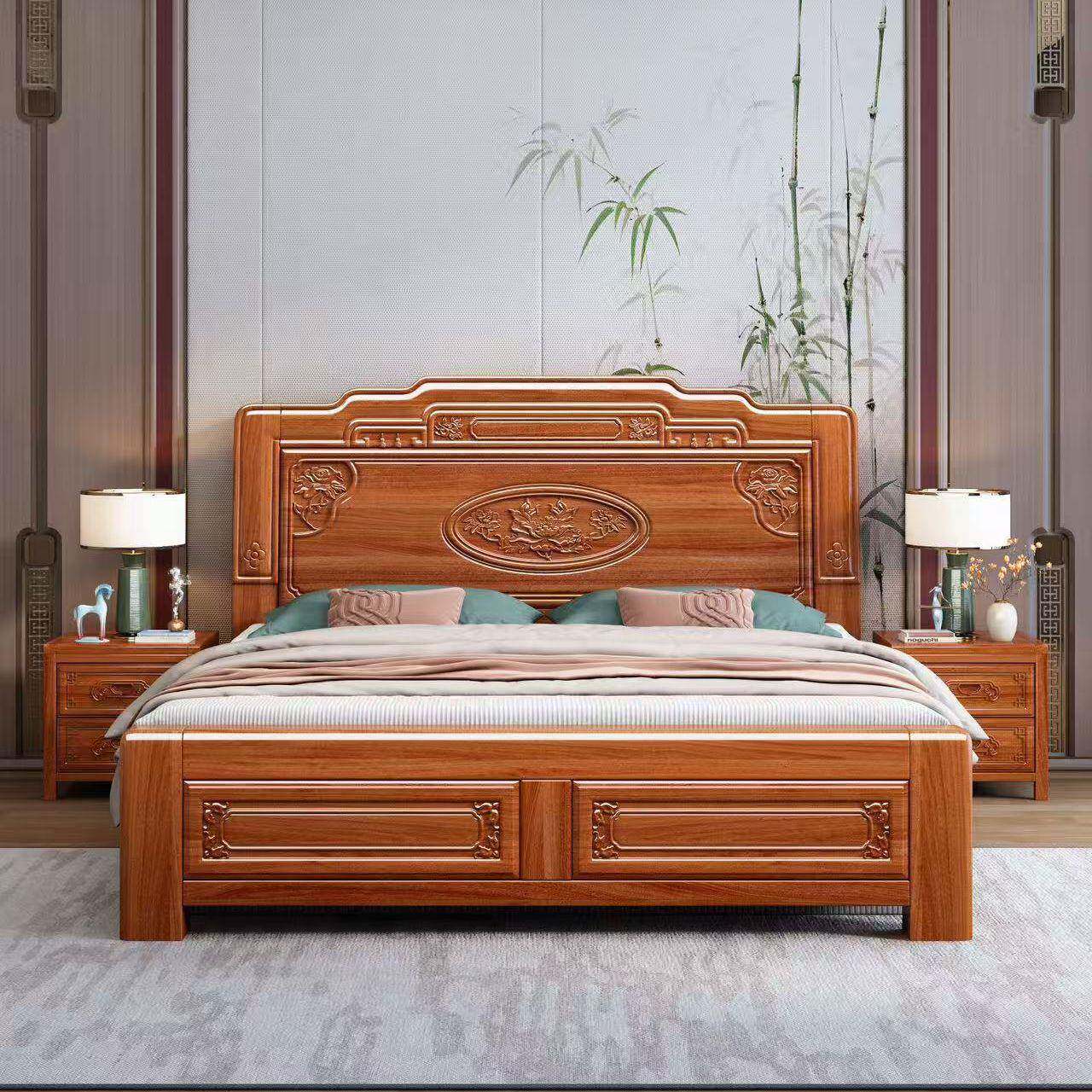 金花木主卧加厚加粗木榫结构中式雕梨卯花仿实古菠萝格木双XND人