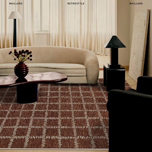 中古风客厅地毯轻奢美式复古格子高级感卧室房间床边防水防滑地垫