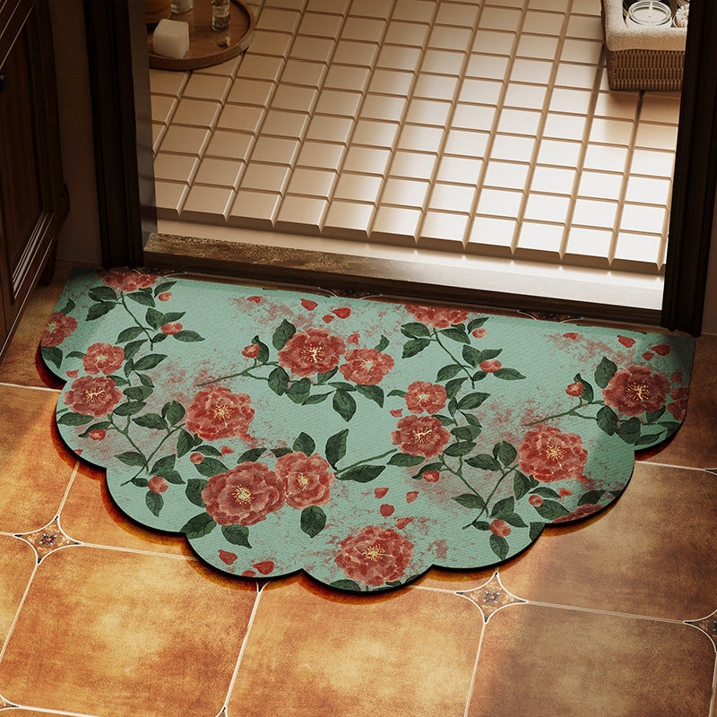 美式半圆形山茶花浴室门口地垫卫生间防滑脚垫厕所硅藻泥吸水地毯