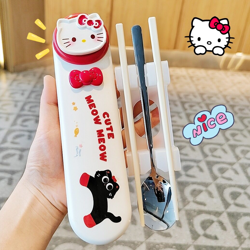 哈喽kt304不锈钢筷子勺子可爱kitty猫餐具盒套装上班族收纳盒女孩