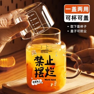 800ml大容量带盖杯子家用喝水杯女耐高温玻璃带把刻度杯