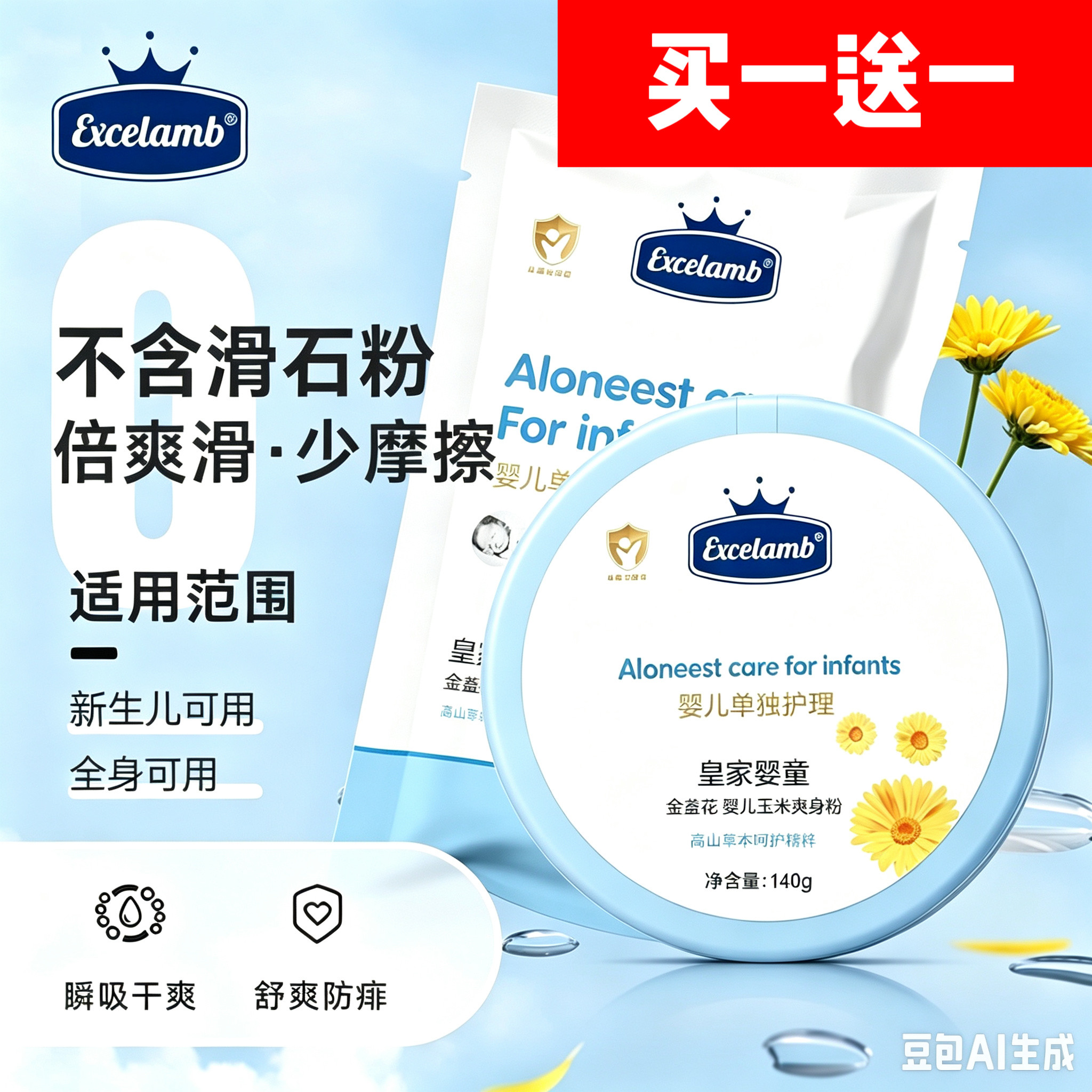 皇家婴童婴儿爽身粉新生儿童袋装正品粉扑四季通用宝宝玉米痱子粉
