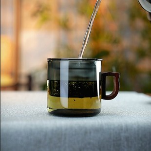 玻璃茶杯防烫耐热茶水分离杯子木把带盖办L公家用过滤花茶杯三件