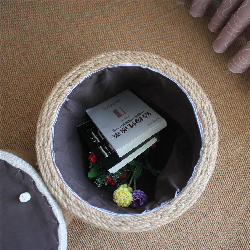 蒲团坐墩麻绳手工收纳可储物矮凳门厅小凳子亚麻绳编W实木架子包