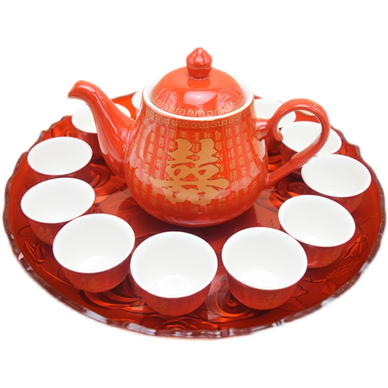 结婚用品婚礼陶j瓷敬茶杯套装茶壶对碗茶具永结同心茶盘女家嫁妆