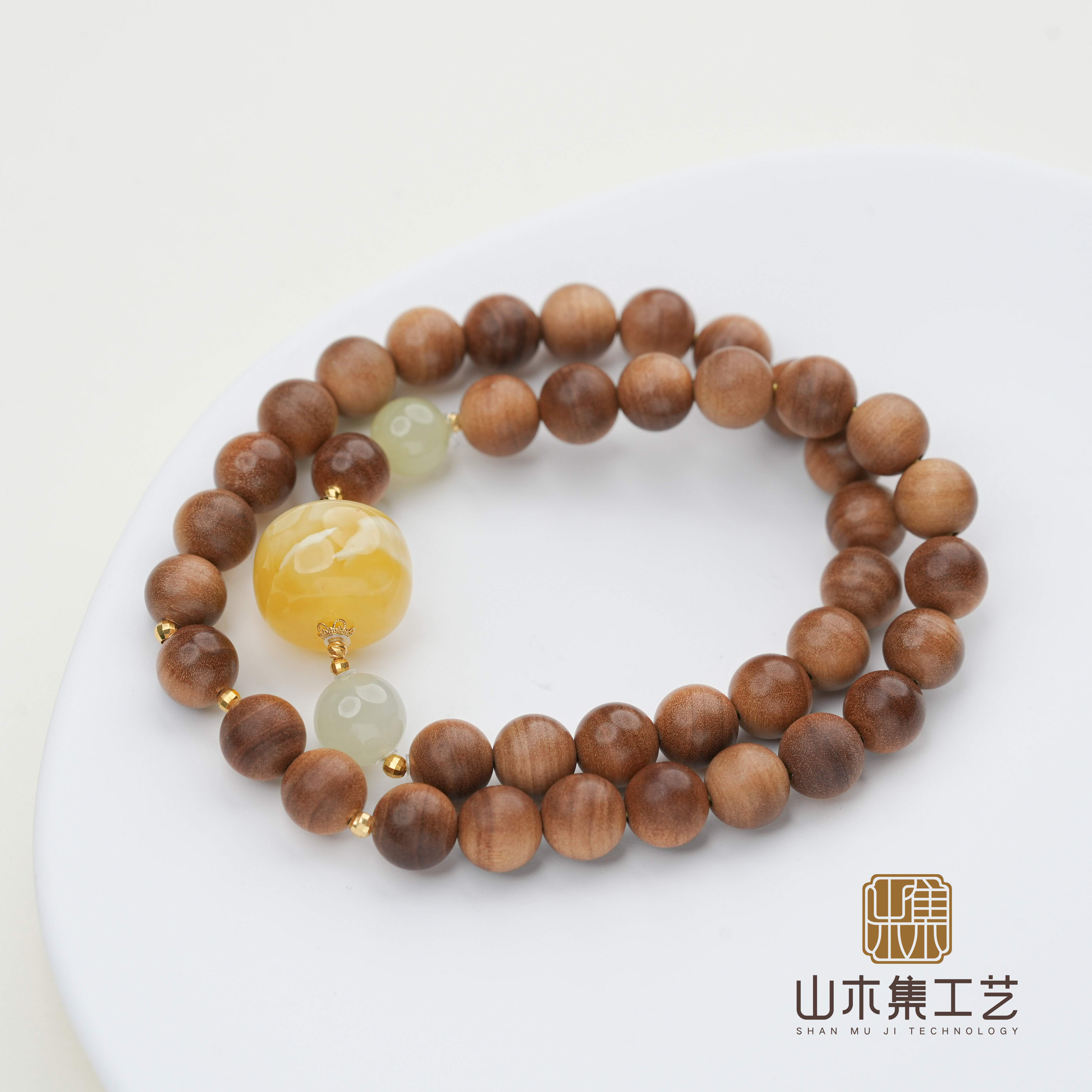 山木集【初夏】18K金印度老山檀黑肉0.8蜜蜡和田玉双圈手串手链￥
