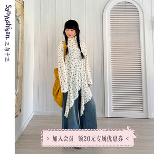 三与十三|撕碎的花|韩系百搭显瘦上衣女碎花不规则长款打底T恤女