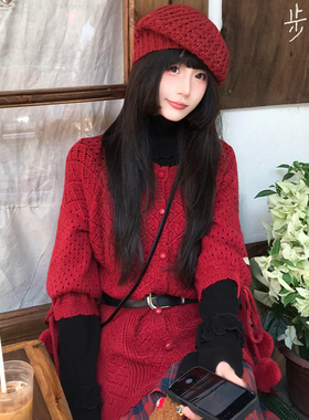 三与十三|暖调胶片|韩系氛围感红色甜美风针织衫女个性镂空毛衣女