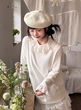 三与十三|广岛之恋|韩系百搭双层蕾丝领上衣女修身长袖T恤女叠穿