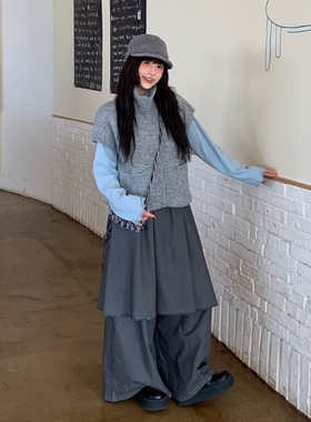 三与十三|云烟|春季显瘦百搭休闲裤女纯色日系宽松阔腿裤女假两件