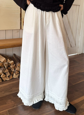 三与十三|白月光匿名|韩系松紧腰休闲裤女蕾丝下摆宽松显瘦阔腿裤