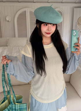 三与十三|晨间的海浪|春季时尚修身上衣女抽绳显瘦网纱短袖T恤女