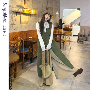 马甲开衫 三与十三 长款 日系甜美百搭双排扣针织毛衣无袖 暮色旅人