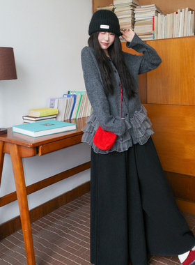 三与十三|公主日记|韩版显瘦正肩上衣女圆领蕾丝花边针织开衫毛衣