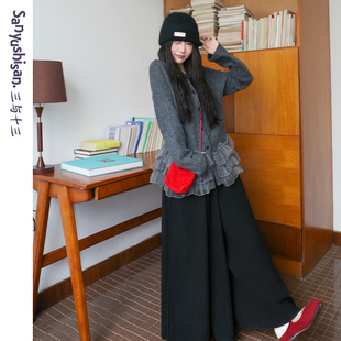 三与十三|公主日记|韩版显瘦正肩上衣女圆领蕾丝花边针织开衫毛衣