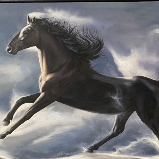 纯手绘油画骏马装饰画办公室书房茶室奔马图挂画客厅大堂马到成功图片