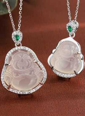 S925银镶莫桑钻白玉髓弥勒佛吊坠