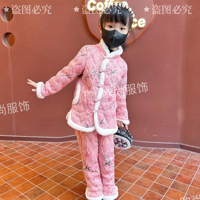 现货速发童冬装旗袍领棉衣套装加绒加厚冬季中国风儿童唐装宝宝拜