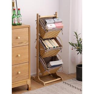 落地置物架客厅零食储物彷藤编皮篮沙发旁实木杂物收纳架子书报架