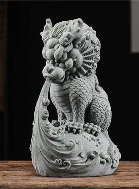 青砂石国潮风鱼缸造景招财吸水神兽客厅玄关茶室桌面茶宠茶玩摆件