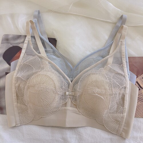 古妃法式刺绣水晶杯大胸显小内衣女超薄透气兔耳朵防凸点聚拢文胸