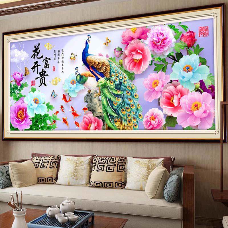 ?纯工手品十字花绣成开富贵牡丹孔雀九Fhmwrfuh鱼图客厅大幅画已