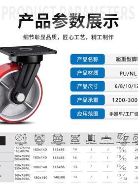 超重型铁芯架PU脚轮6寸8寸47601寸12寸重聚氨酯龙门工业型万向轮
