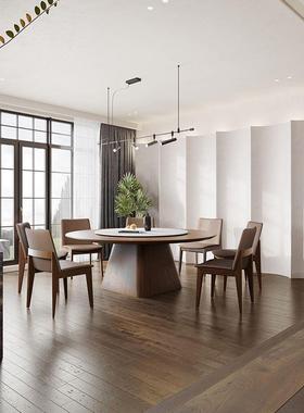 实木圆餐桌家用实UJO木胡桃包色带盘圆桌酒店大厢转14人用大型圆