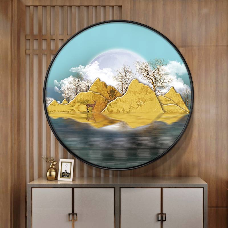 玄关装饰画新中式入户过道走廊客厅山水圆形挂画现代简约风水壁画图片