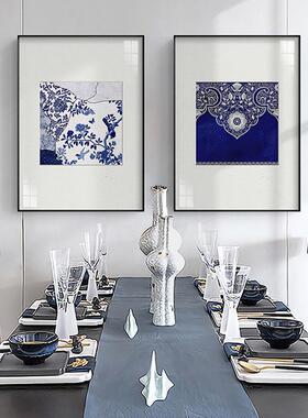 花青花墨海中YZ202305客厅三联装饰画蓝色青瓷挂式画中国风餐厅背