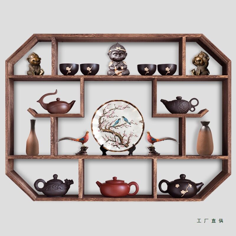 实木中式壁挂茶具收纳架