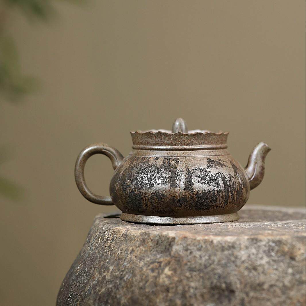 宜ZHIFU-21兴紫砂壶人手工制作原矿匠温高沉香泥满刻笠帽壶茶茶具