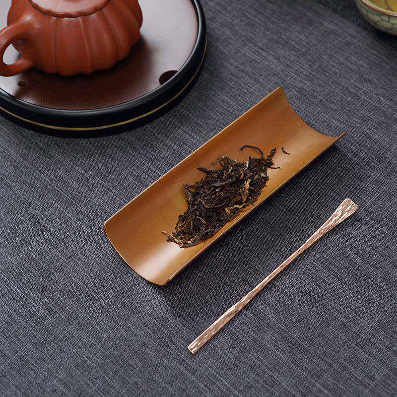 隆紫饮斋紫铜鎏银錾刻茶则手工铜家用茶拨茶茶针匙铜茶具配件茶勺